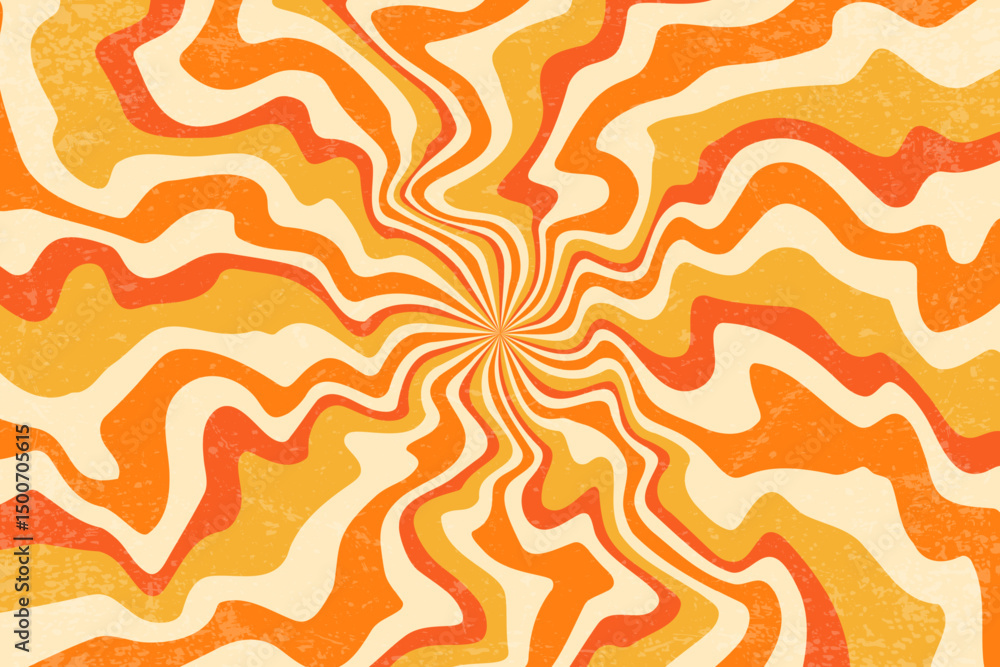 Poster retro sun background with pattern of groovy rays. sunburst abstract poster with wavy psychedelic des
