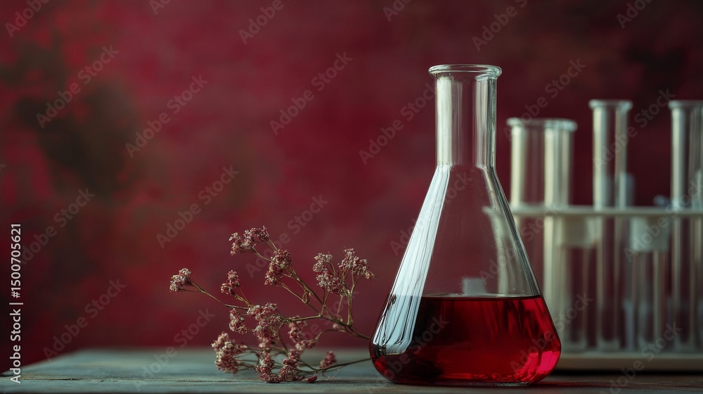 Poster clear laboratory glassware including flask and beaker arranged on a white surface in a medical scien
