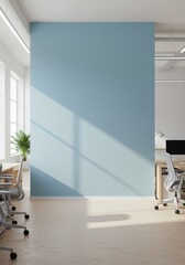Modern Office Interior With Blue Wall Minimal Design and Sunlight Photo