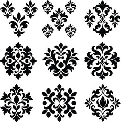 Ornate fleurdelis patterns arranged in a decorative collection showcase bold symmetrical floral elements