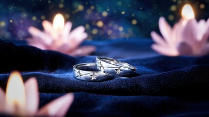 Two silver rings with star motifs on blue fabric, glowing in candlelight. A romantic symbol of love and celestial connection.