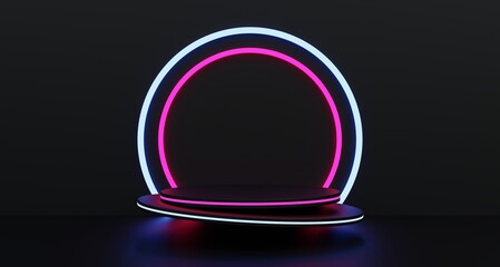 Black podium, black background with neon lights for promoting cosmetics, fashion, perfume, cream, 3D illustration.