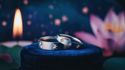 Two silver rings with star motifs on blue fabric, glowing in candlelight. A romantic symbol of love and celestial connection.