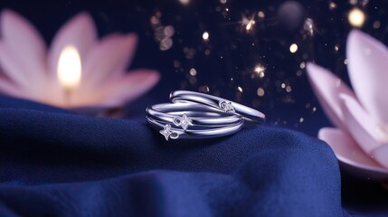 Two silver rings with star motifs on blue fabric, glowing in candlelight. A romantic symbol of love and celestial connection.
