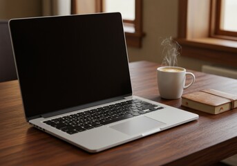 Laptop Coffee Mug And Notebook On Wooden Desk Photo In Natural Light