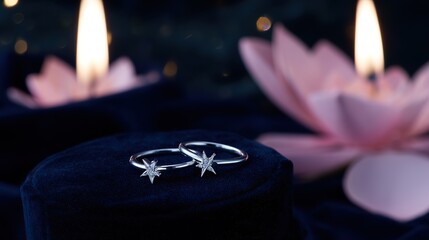 Two silver rings with star motifs on blue fabric, glowing in candlelight. A romantic symbol of love and celestial connection.