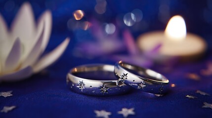 Two silver rings with star motifs on blue fabric, glowing in candlelight. A romantic symbol of love and celestial connection.