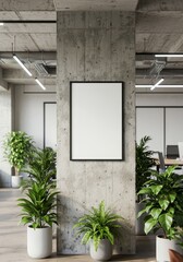 Modern Office Interior With Green Plants Empty Picture Frame Photo