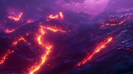 Molten streams flow across a landscape of volcanic rock.