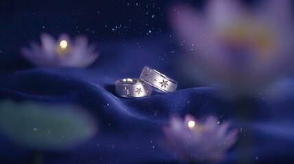 Two silver rings with star motifs on blue fabric, glowing in candlelight. A romantic symbol of love and celestial connection.