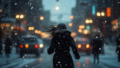 Winter Solitude: A Woman Walks Through a Snow-Covered City at Night