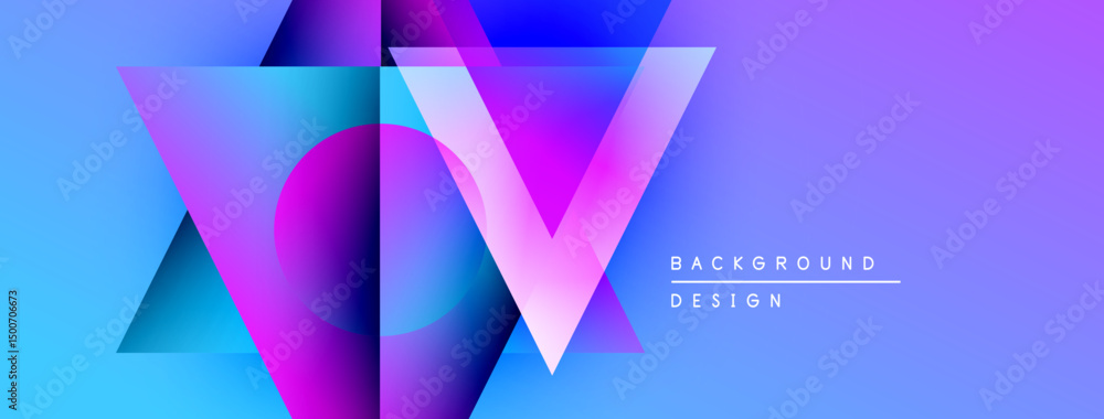 Poster Abstract geometric shapes overlap, creating vibrant blue, purple gradients. Modern design elements suggest innovation, energy, visual appeal.