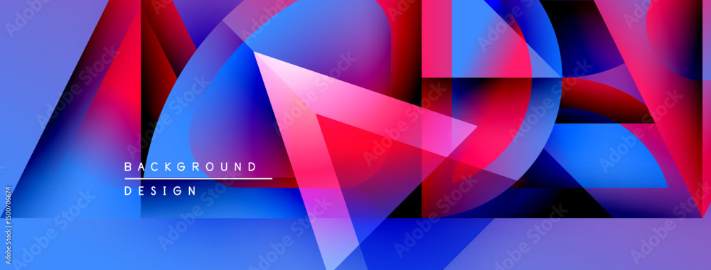 Poster Abstract geometric shapes overlap, creating vibrant blue, red gradients. Modern design elements suggest dynamic composition.