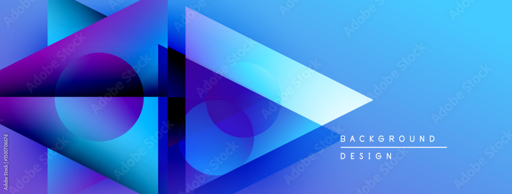 Poster abstract geometric shapes overlap, creating vibrant blue purple gradients. modern design elements su