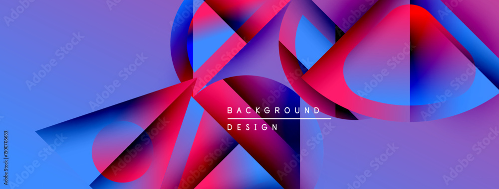 Poster abstract geometric shapes blend vibrant purple, blue, pink hues. modern design creates dynamic visua