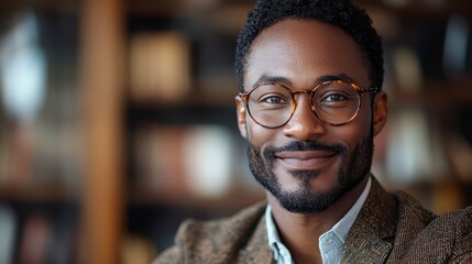 Obraz premium Smiling man in glasses, wearing a patterned jacket, in front of blurred background