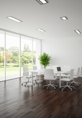 Modern Office Interior With White Table Chairs and Large Windows Photo