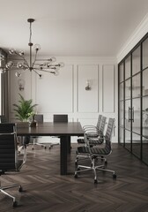 Modern Office Meeting Room Interior With Glass Walls and Brown Furniture