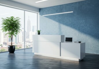 Modern Office Reception Interior With White Desk And City View Photo