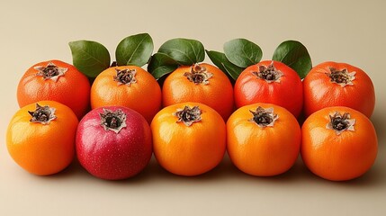 Bright Orange Deep Red Persimmons Oranges Centered Green Leaves Beige Background Smooth Spots Fresh Natural Light Food Advertising