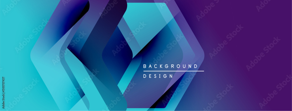 Poster Abstract geometric shapes, vibrant blue purple gradients. Modern design elements create dynamic visual texture. Background features text labels.