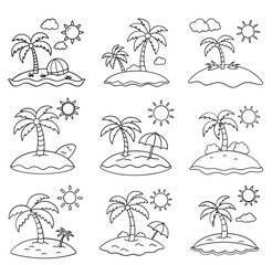 Cute island beach summer cartoon coloring page vector illustration