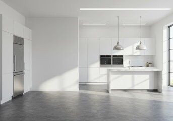 Modern White Kitchen Interior Photo With Clean Minimalist Design and Bright Sunlight