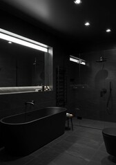 Monochrome Black Modern Bathroom Interior Design With Bathtub and Shower Photo