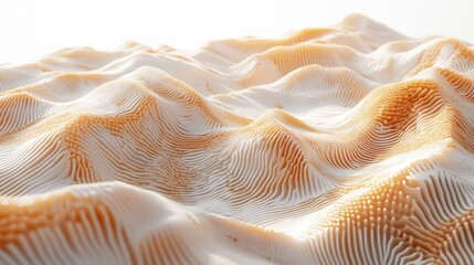 Abstract illustration of undulating, textured, mountainous forms.