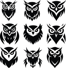 Nine different owl birds are featured with black and white line work