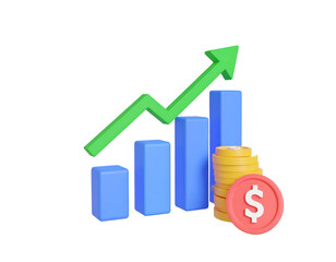 3D render of a bar graph showing upward financial growth, represented by a rising green arrow and stacks of gold coins beside a dollar sign