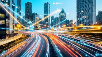 Fototapeta premium City highway at twilight with illuminated vehicle trails and network lines.