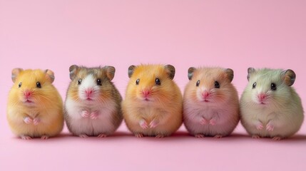 Five cute hamsters lined up against a pink background, varying in color and pattern