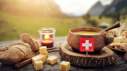 Rustic wooden platter with Swiss cheese fondue and bread, Swiss cross pin; celebrating Swiss National Day with alpine charm.
