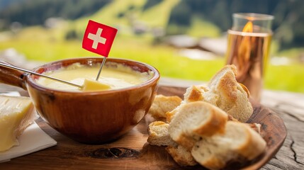 Rustic wooden platter with Swiss cheese fondue and bread, Swiss cross pin; celebrating Swiss National Day with alpine charm.