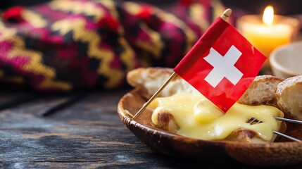 Rustic wooden platter with Swiss cheese fondue and bread, Swiss cross pin; celebrating Swiss National Day with alpine charm.