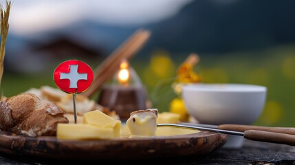 Rustic wooden platter with Swiss cheese fondue and bread, Swiss cross pin; celebrating Swiss National Day with alpine charm.