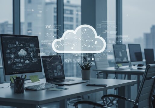 Modern Workspace Featuring Cloud Technology Digital Office Illustration