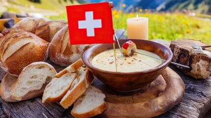 Rustic wooden platter with Swiss cheese fondue and bread, Swiss cross pin; celebrating Swiss National Day with alpine charm.