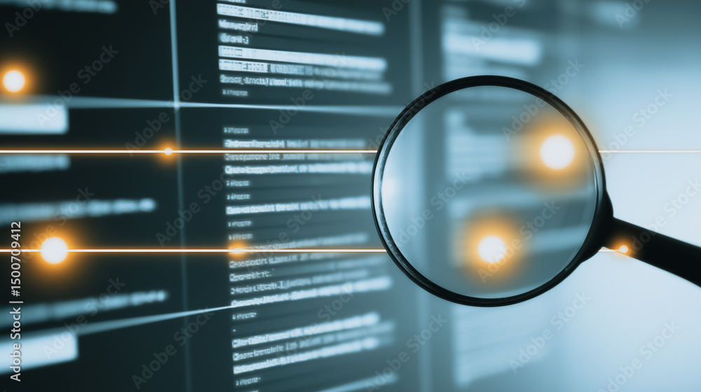 Poster cyber investigation: a close-up of a magnifying glass superimposed over an illuminated computer scre