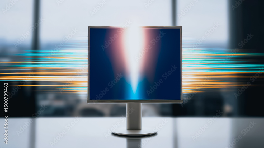 Poster modern monitor with light beams: the screen of a modern monitor glows with dynamic light beams, symb