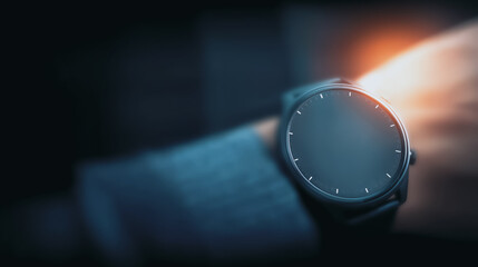 Time's Embrace: A close-up shot of a sleek, minimalist wristwatch gracing a person's wrist, suggesting the passage of time and the significance of moments. 