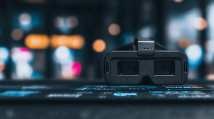 VR Goggles on a Table: A sleek pair of VR goggles rests on a surface, set against the backdrop of blurred lights, inviting viewers into a world of immersive technology and innovation.