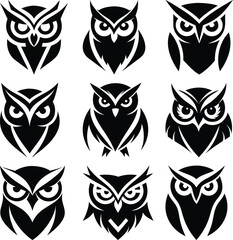 Nine unique owl heads are displayed in a sleek black color over a white surface