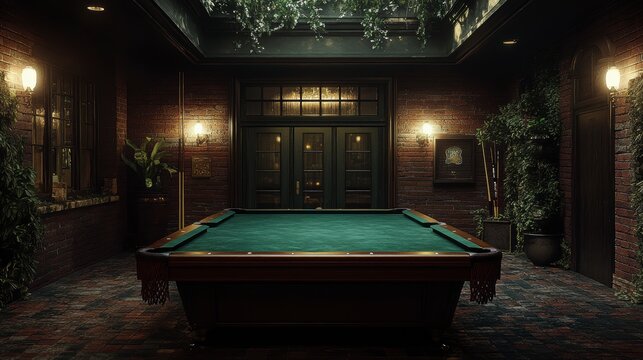 Room with a pool table, brick walls, plants, and warm lighting for a relaxing atmosphere