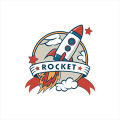 Rocket Launch Logo Design with Fire Flame and Banner