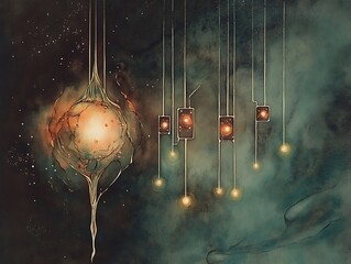 A schematic of faintly glowing quantum logic gates in a minimalist art style.