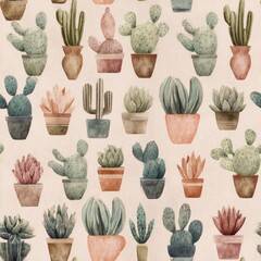 Seamless watercolor cactus and succulent pattern in pastel desert hues