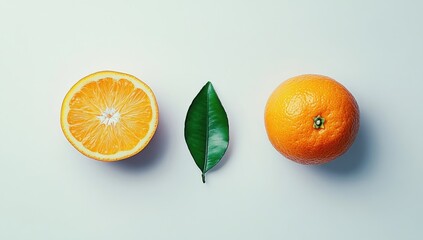 Vibrant Orange Still Life: A Half-Sliced Orange, Whole Orange, and a Green Leaf