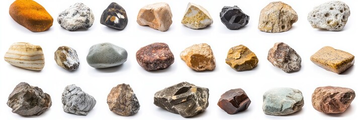 Assorted rocks in various shapes and colors, displayed against a plain white background.  Different textures and mineral compositions are evident